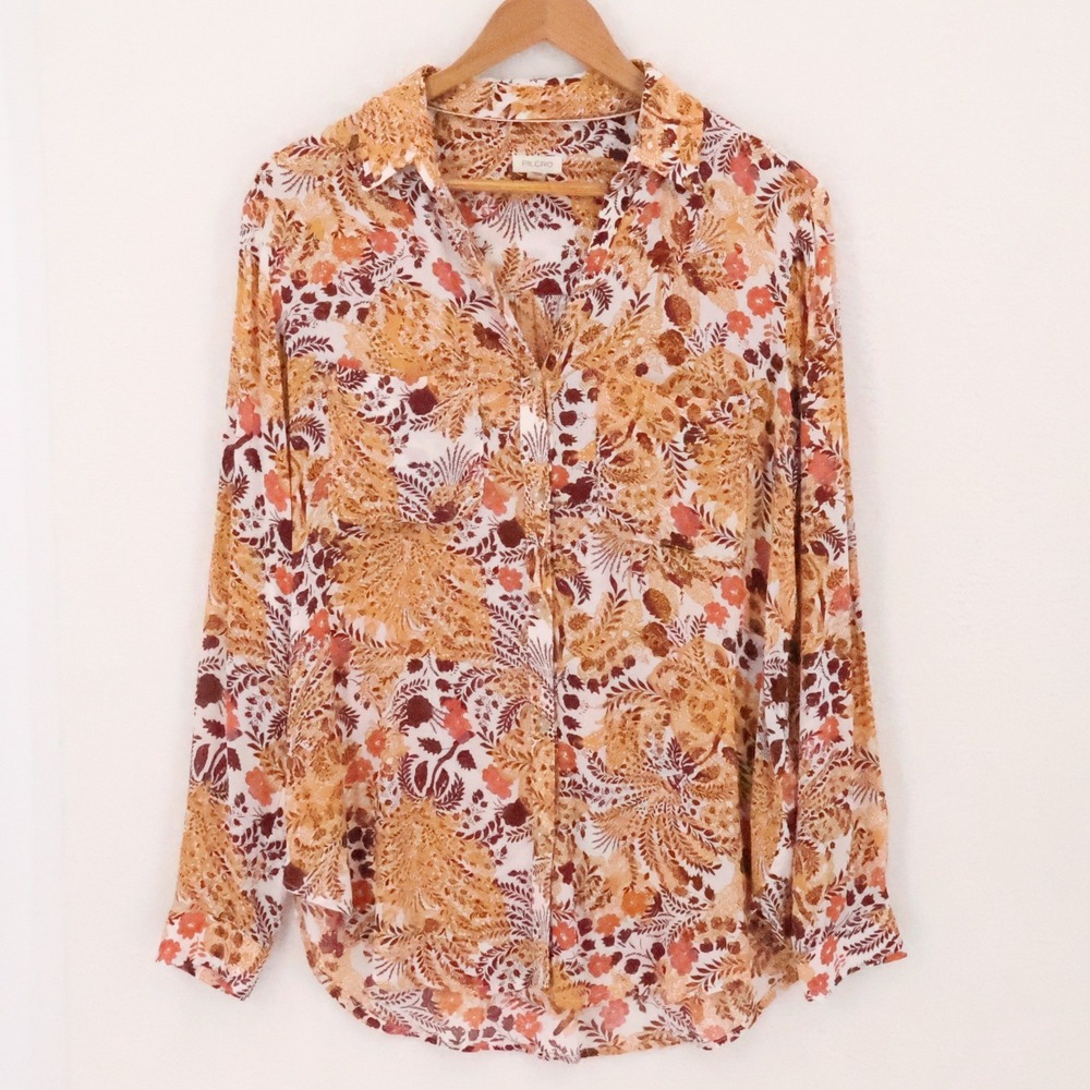Pilcro Anthropologie Floral Button Top Womens Size S‎ Orange Boho Pocket Relaxed